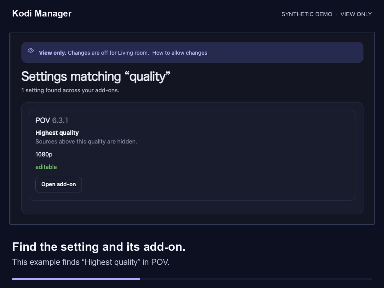 Synthetic Kodi Manager settings-search demonstration